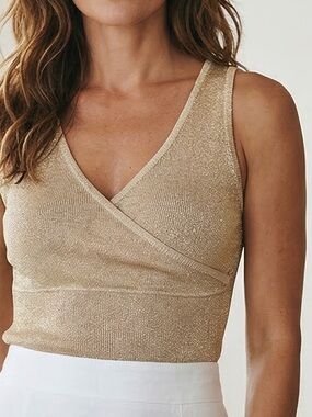 Vintage Cache Metallic Shimmer Gold Knit Tank Top Sweater USA Made Small or XS